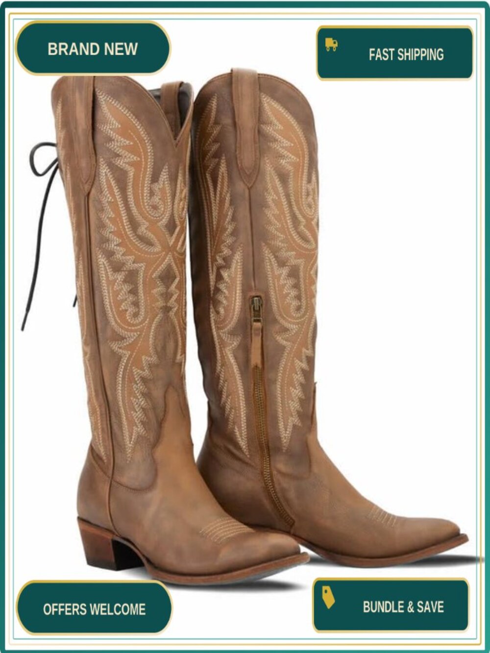 Over the Knee Cowgirl Boots Adjustable Thigh High Western Block Heel 2"